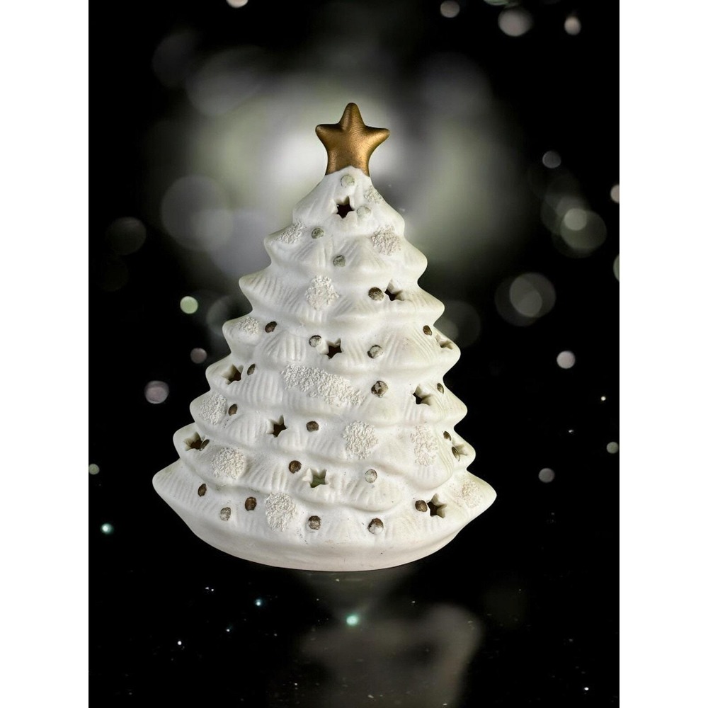 Vintage Matte Ceramic Christmas Tree Votive Holder - White With Gold Star